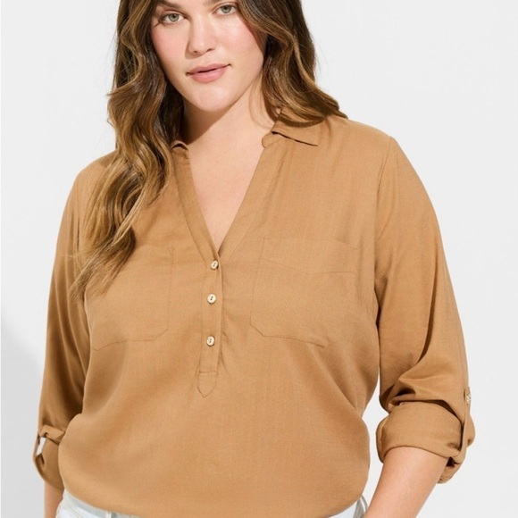 Torrid 4X Linen Pocket Henley Long Sleeve Camel Color Top Roll Tab Sleeves - Picture 1 of 13